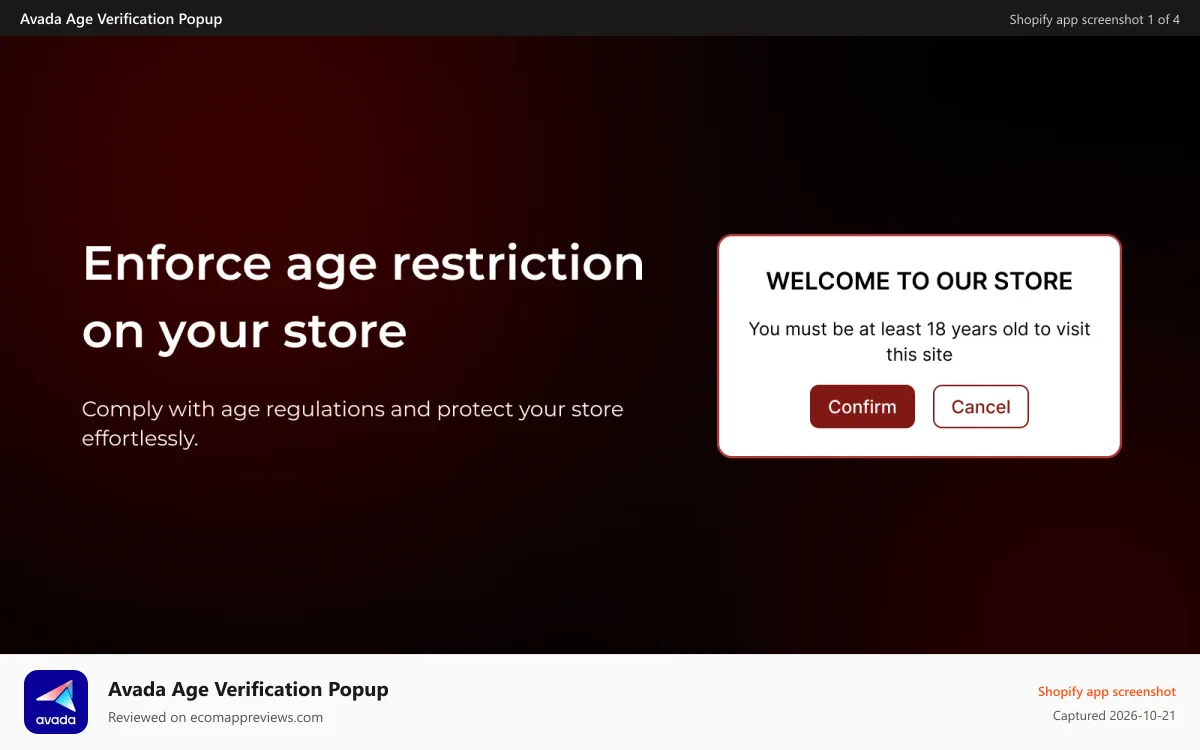 Avada Age Verification Popup Shopify app screenshot: Verify customer age with customizable popups