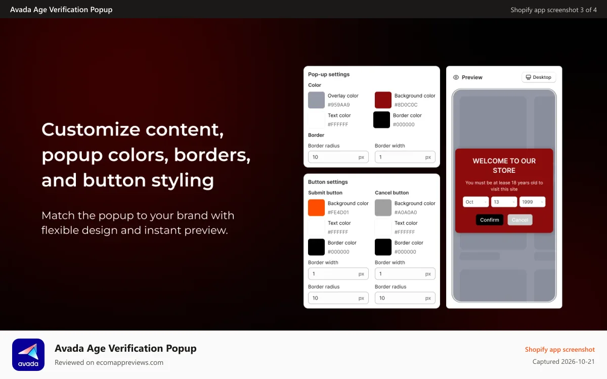 Avada Age Verification Popup Shopify app screenshot: Configure verification age, method, and date format