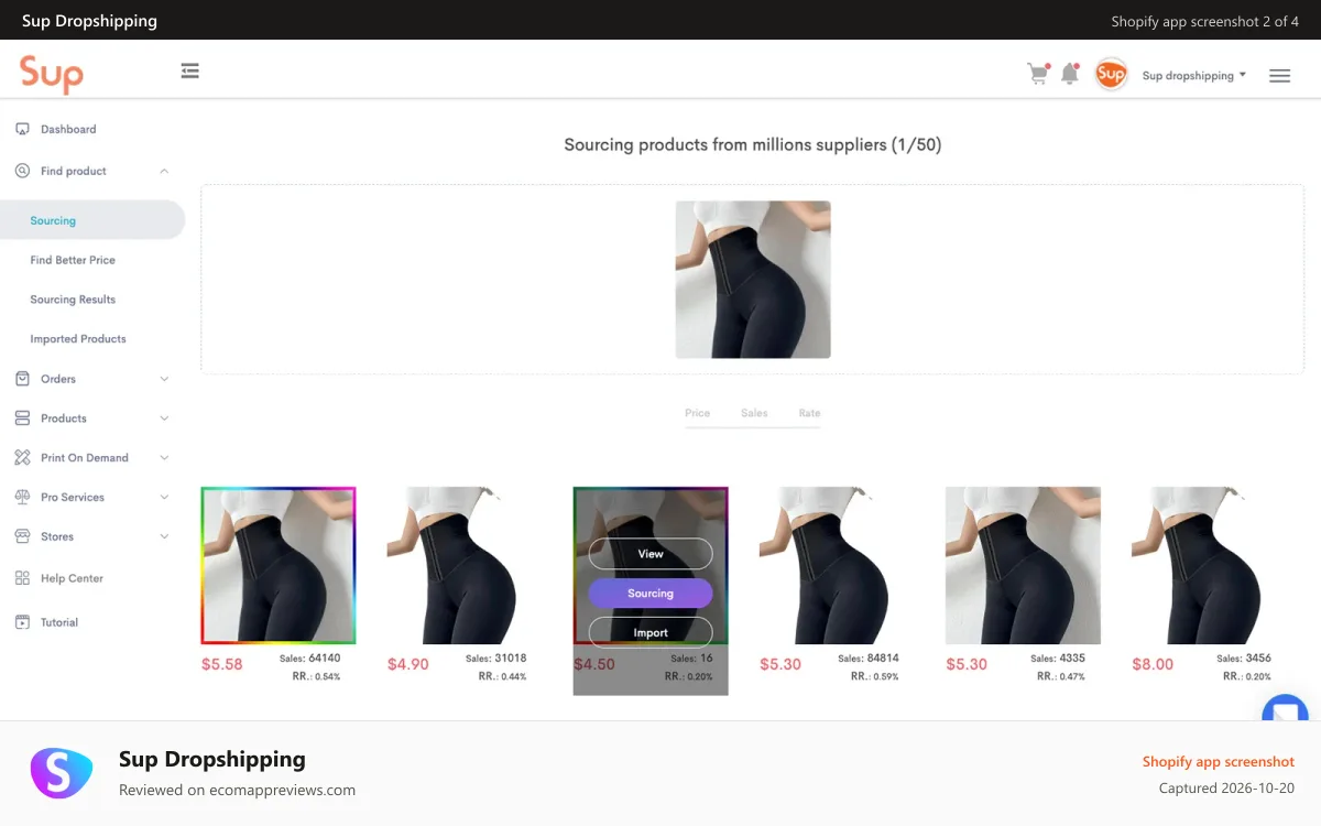 Sup Dropshipping Shopify app screenshot: One Click all similar product waiting for import to your store.