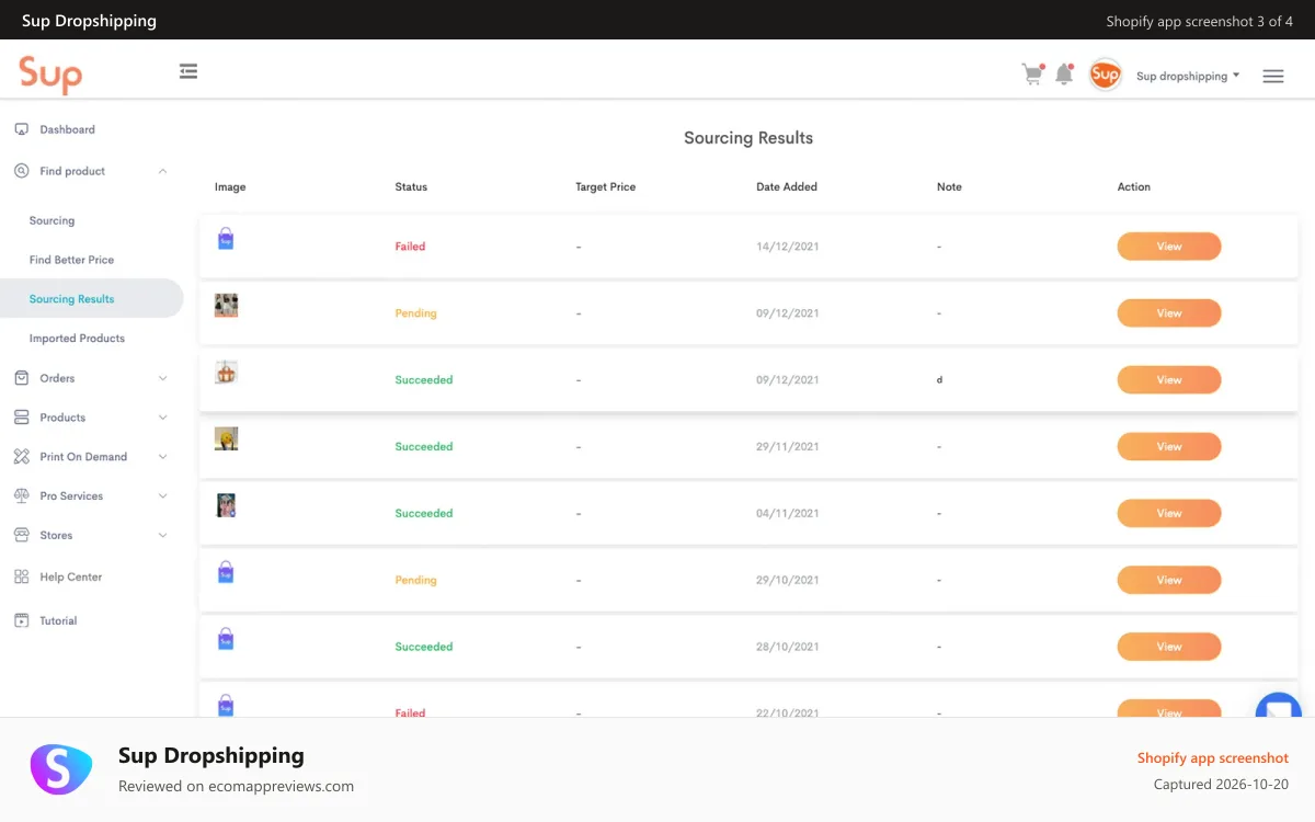 Sup Dropshipping Shopify app screenshot: We help you to sourcing the right product and save money for you