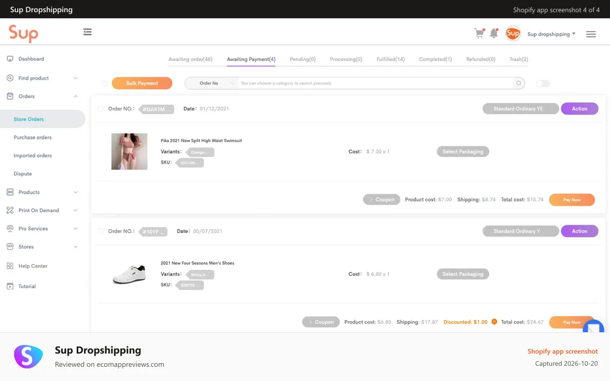 Sup Dropshipping Shopify app screenshot: Auto manage and fulfill your orders in one place