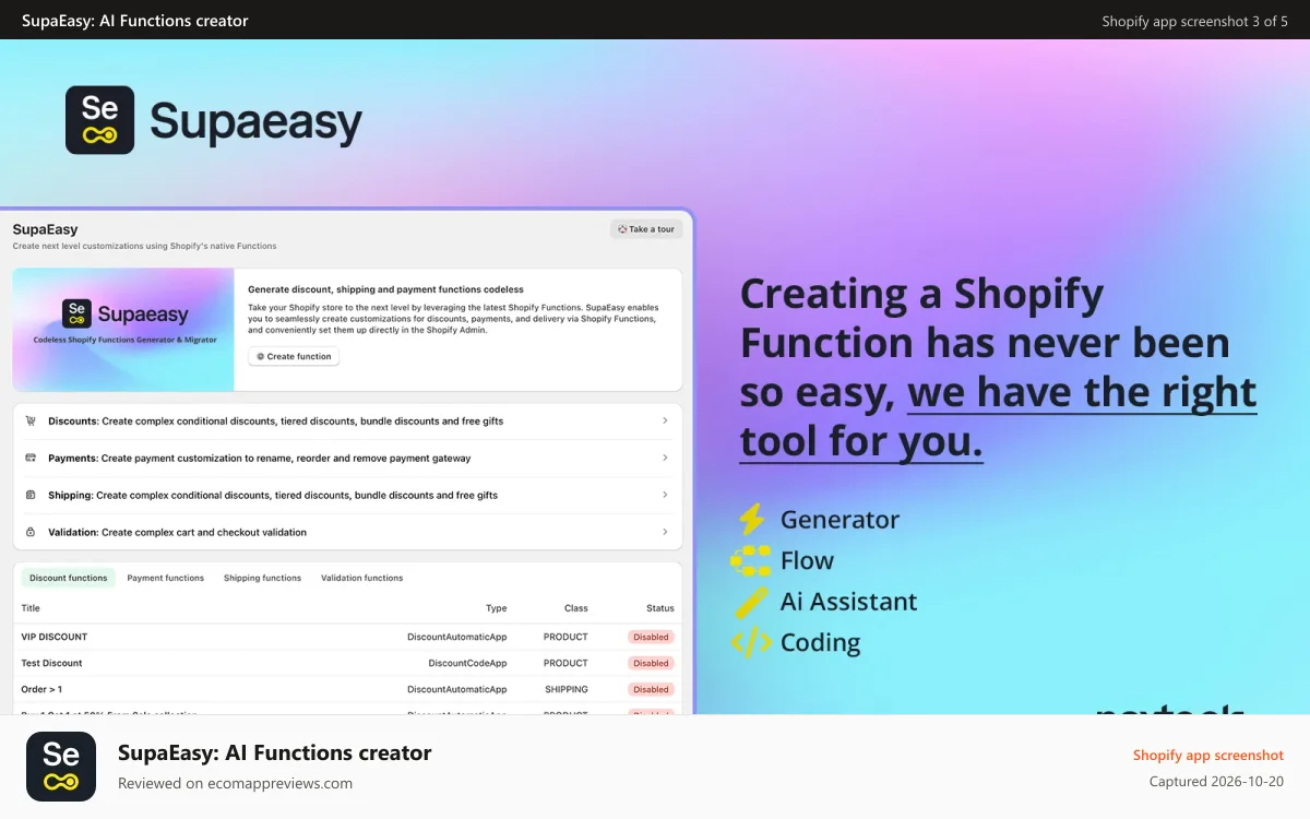 SupaEasy: AI Functions creator Shopify app screenshot: Supaeasy: Functions Generator, Migrator and AI Assistant