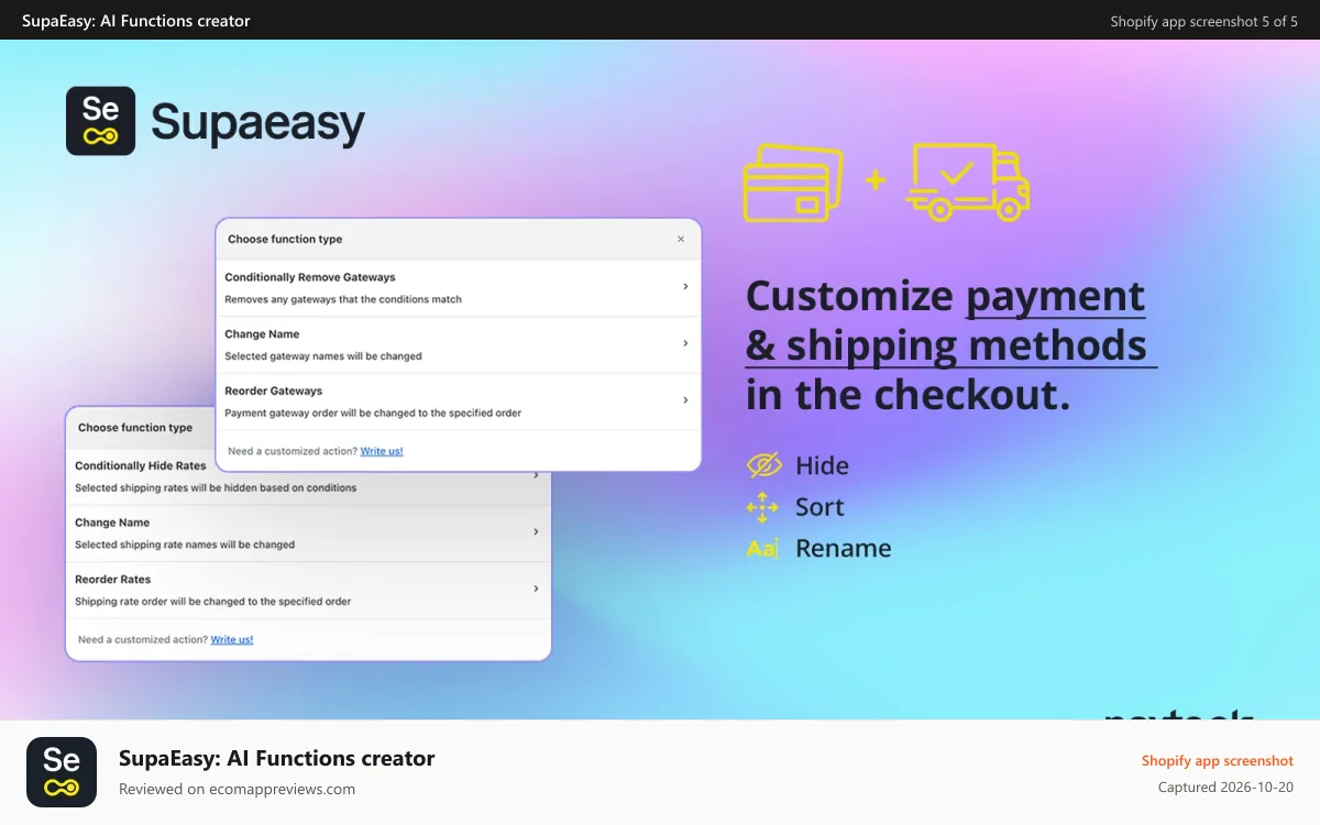 SupaEasy: AI Functions creator Shopify app screenshot: Supaeasy: customize shipping and payments methods