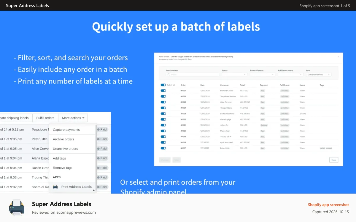Super Address Labels Shopify app screenshot: Quickly set up a batch of labels