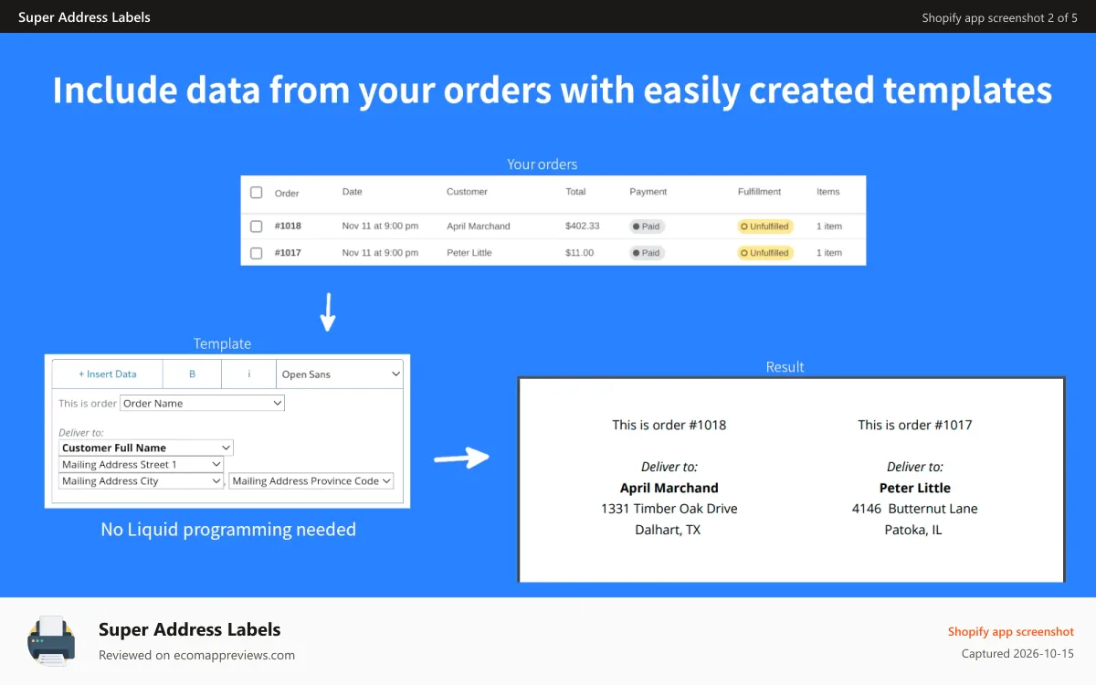 Super Address Labels Shopify app screenshot: Include data from your orders with easily created templates
