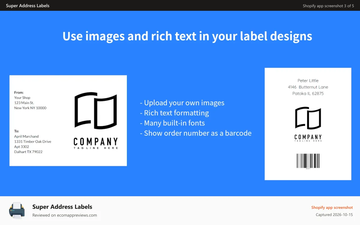 Super Address Labels Shopify app screenshot: Use images and rich text in your label designs