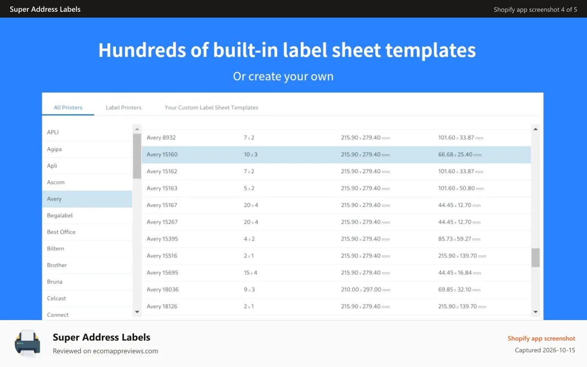 Super Address Labels Shopify app screenshot: Hundreds of built-in label sheet templates
