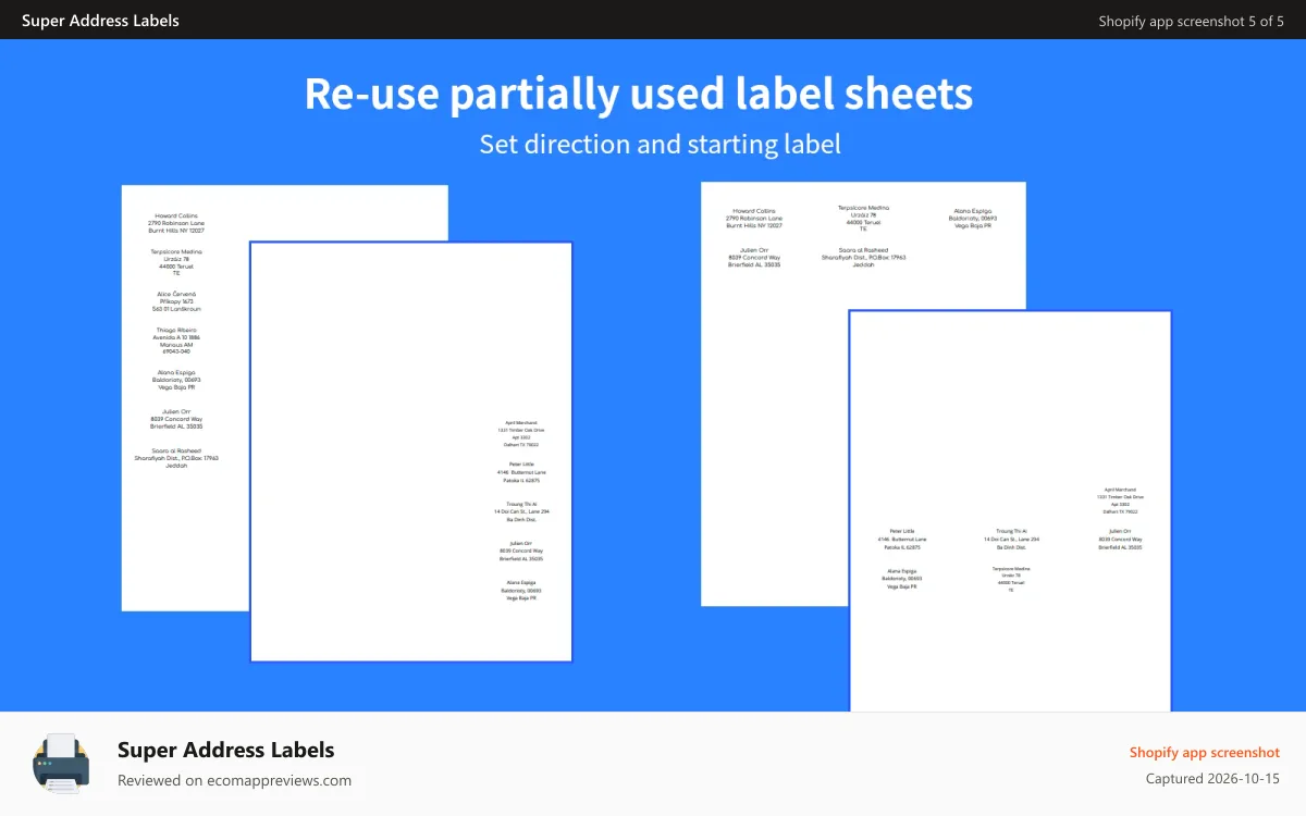 Super Address Labels Shopify app screenshot: Re-use partially used label sheets