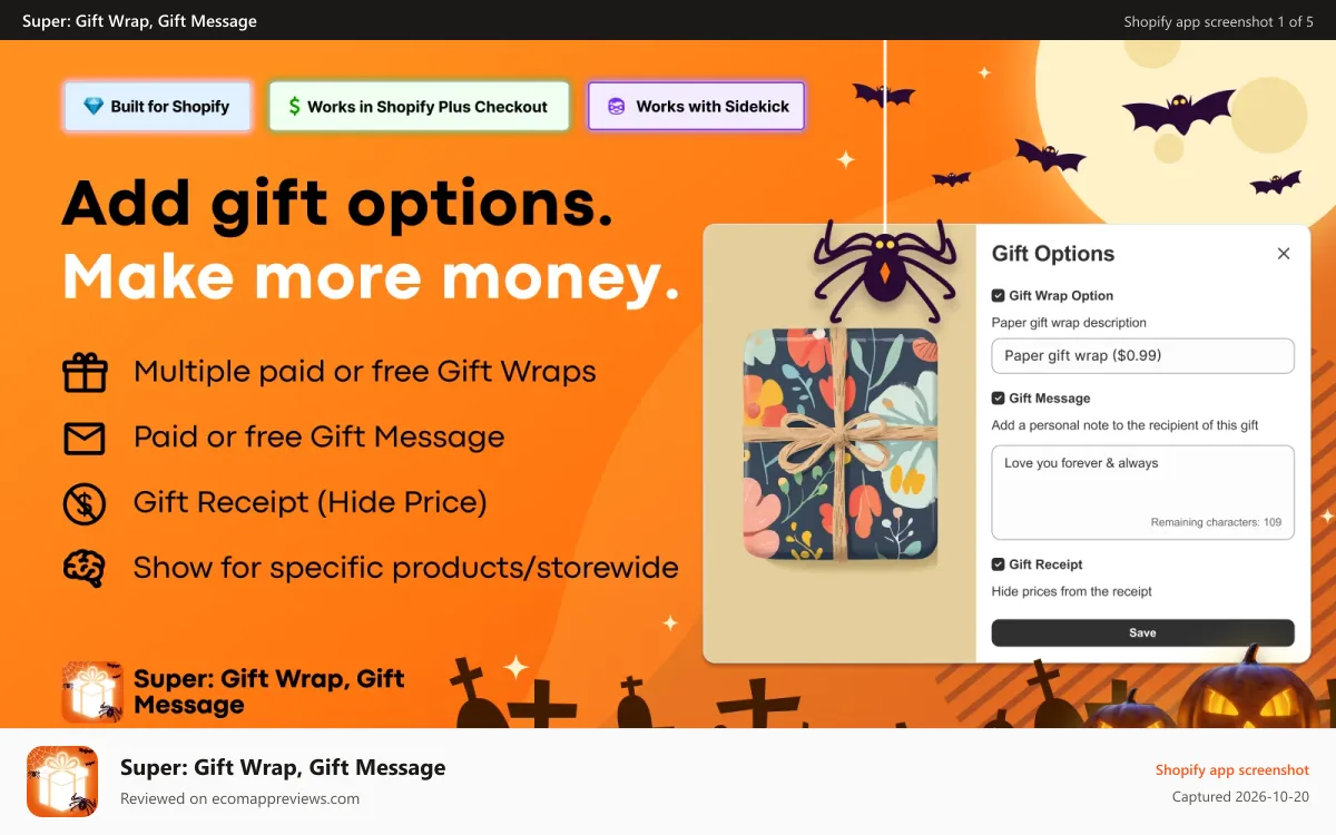 Super: Gift Wrap, Gift Message Shopify app screenshot: Gift options upsell shown pre-checkout to increase AOV & revenue