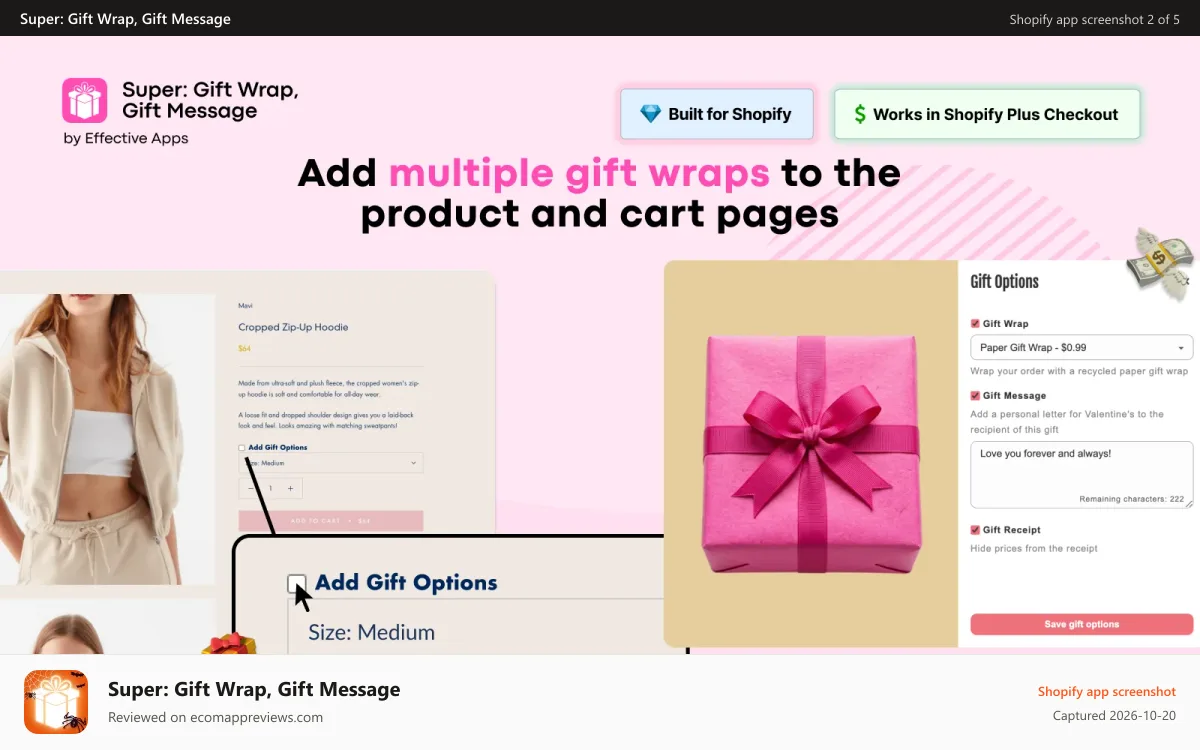 Super: Gift Wrap, Gift Message Shopify app screenshot: Multiple gift wrap options in different prices and images