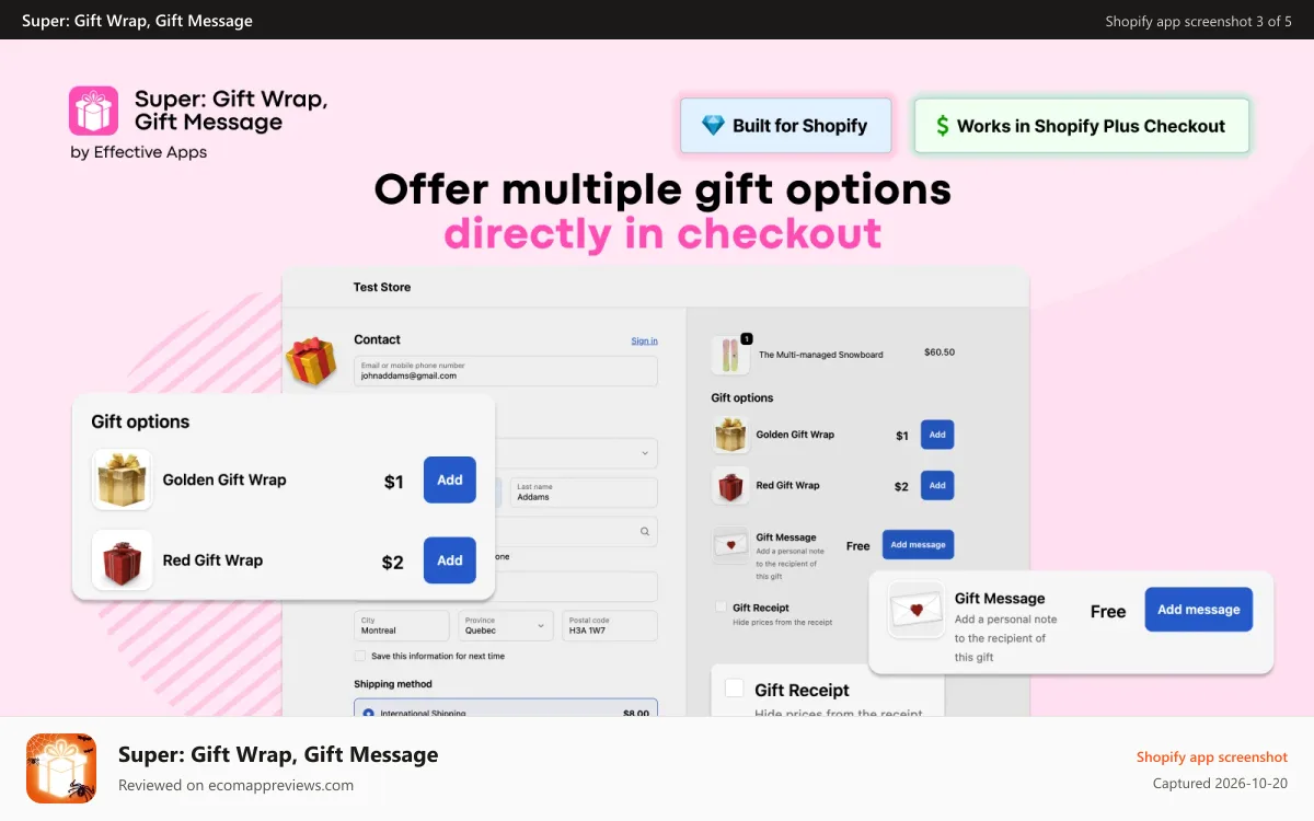 Super: Gift Wrap, Gift Message Shopify app screenshot: Offer multiple Gifting options directly in checkout page