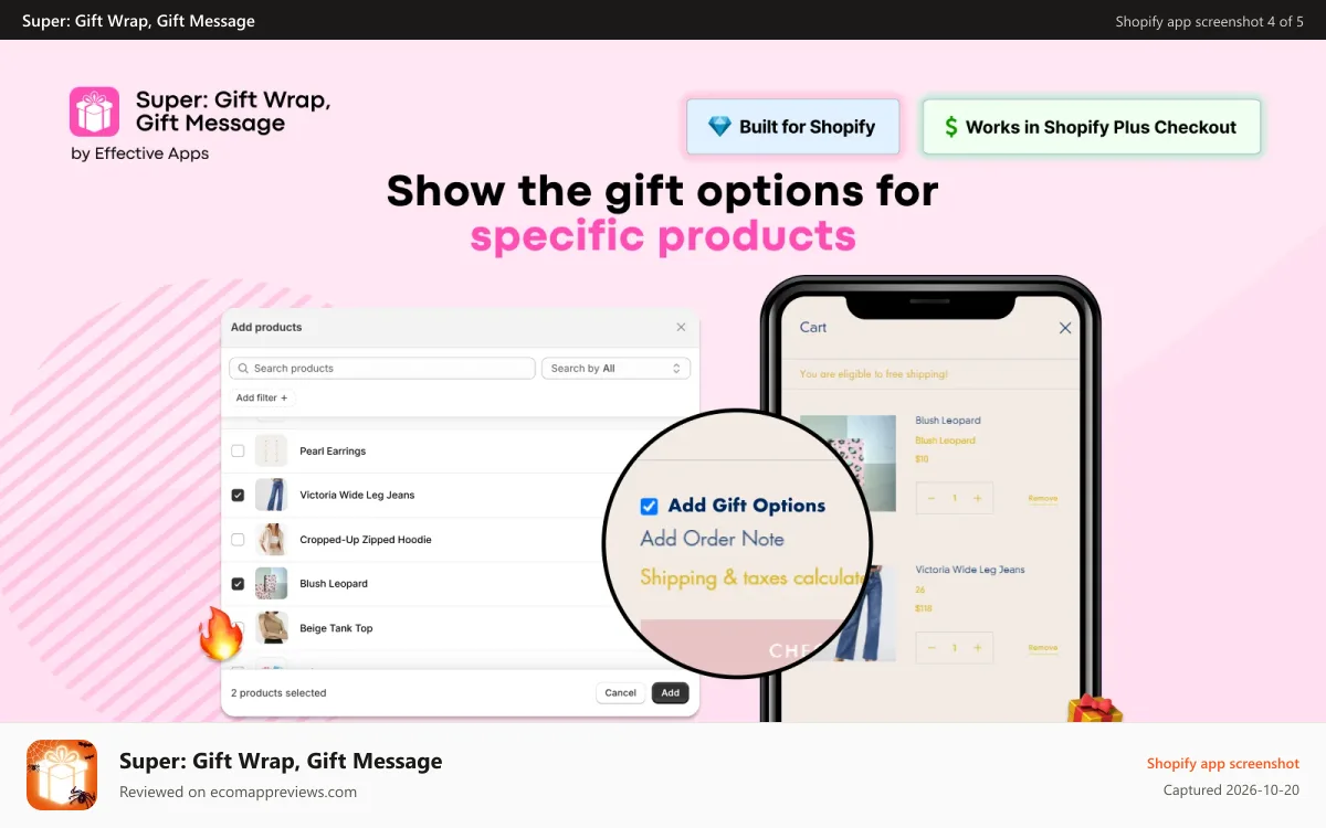 Super: Gift Wrap, Gift Message Shopify app screenshot: Show the gift options only for selected specific products