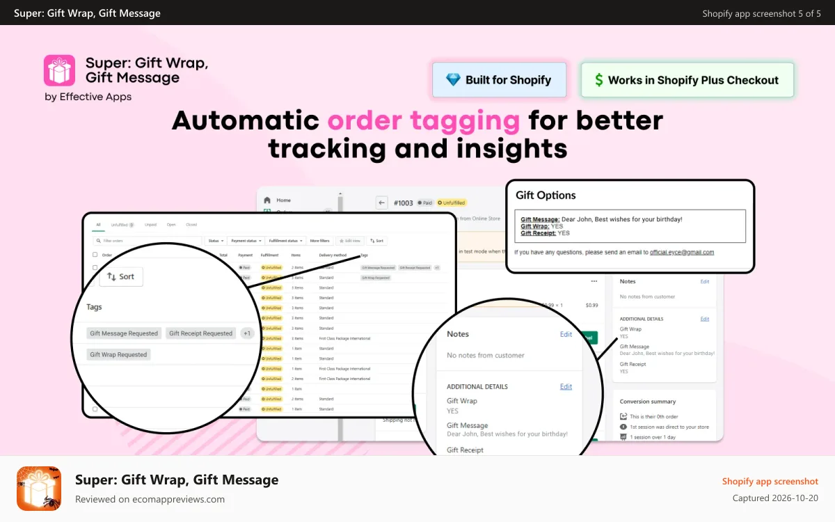 Super: Gift Wrap, Gift Message Shopify app screenshot: The gift options can be added to the packing slip and invoices