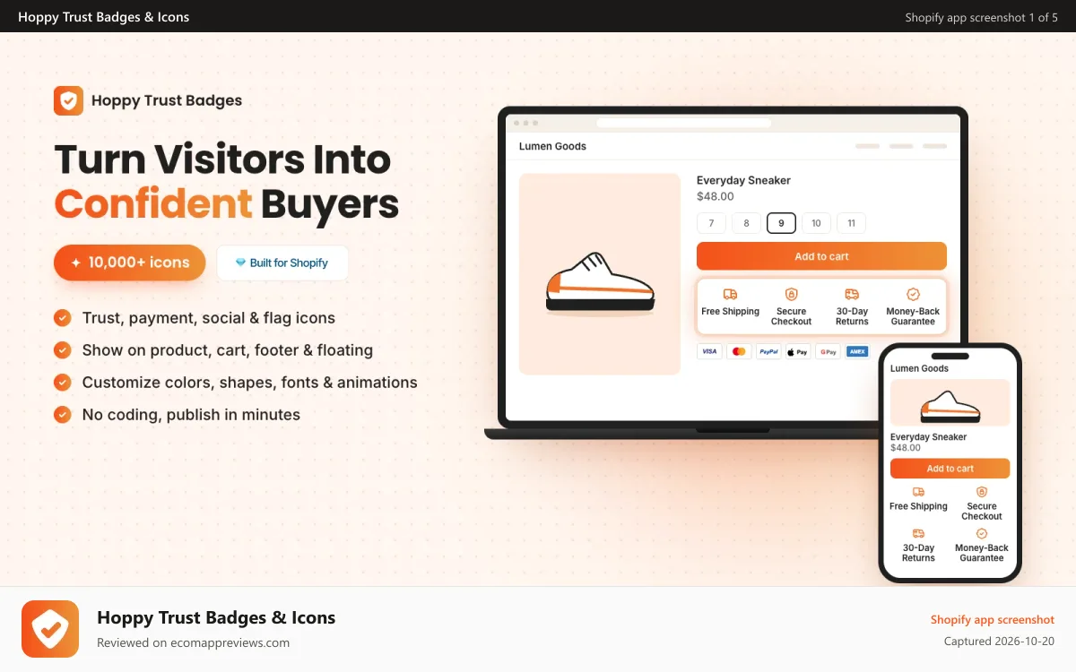 Hoppy Trust Badges & Icons Shopify app screenshot: Trust badges and payment icons on a Shopify product page