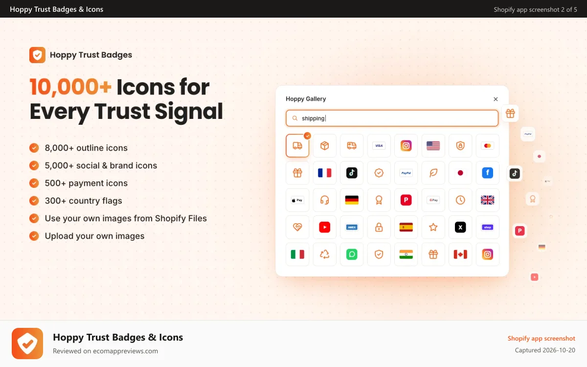Hoppy Trust Badges & Icons Shopify app screenshot: Icon gallery with 10,000+ trust, payment, social and flag icons