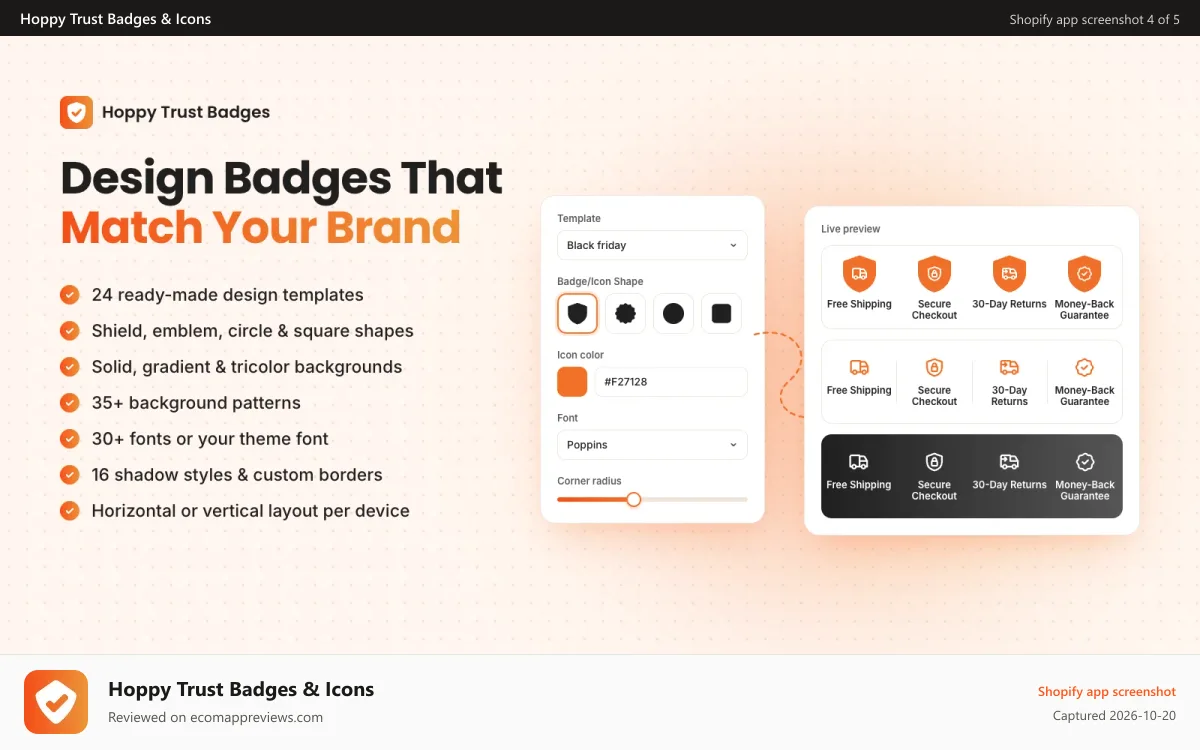 Hoppy Trust Badges & Icons Shopify app screenshot: Badge editor with templates, shapes, colors and fonts