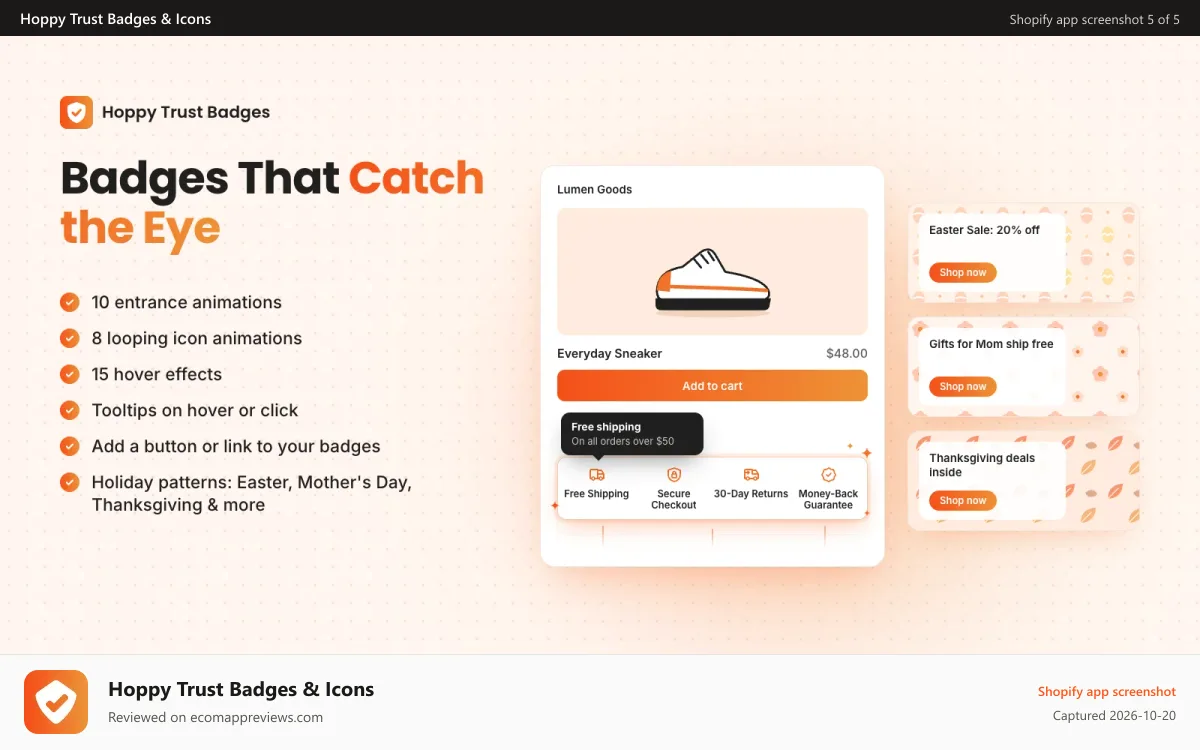 Hoppy Trust Badges & Icons Shopify app screenshot: Animated trust badges with tooltips and holiday patterns