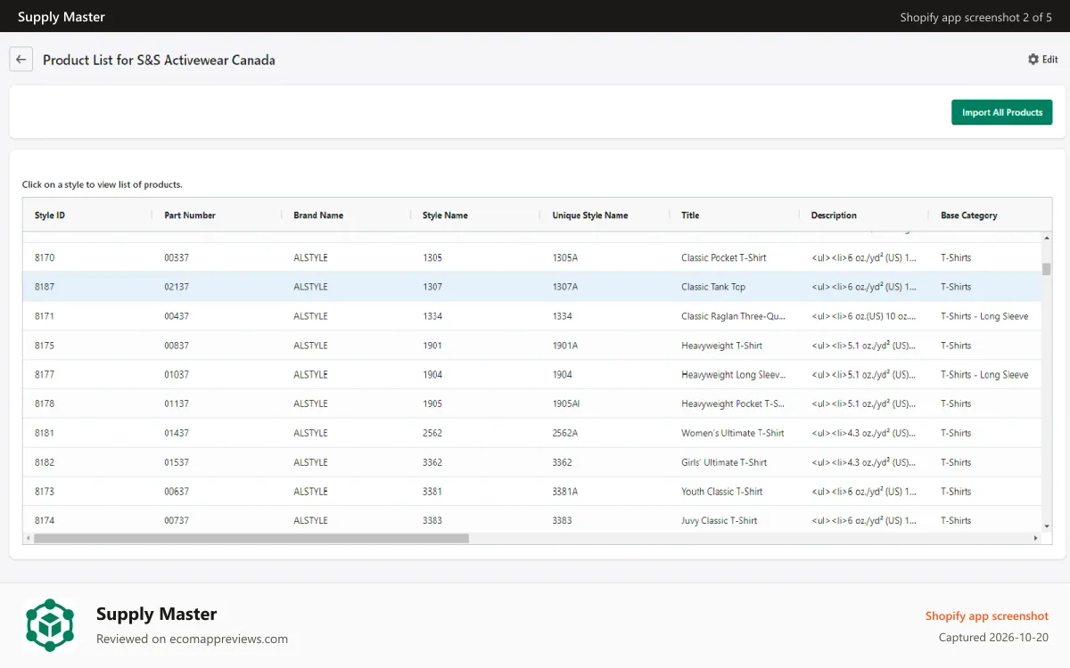 Supply Master Shopify app screenshot: Browse supplier catalog, inventory & product data