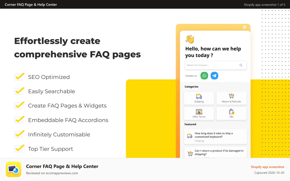 Corner FAQ Page & Help Center Shopify app screenshot: Professional FAQ/Helpdesk page for Shopify