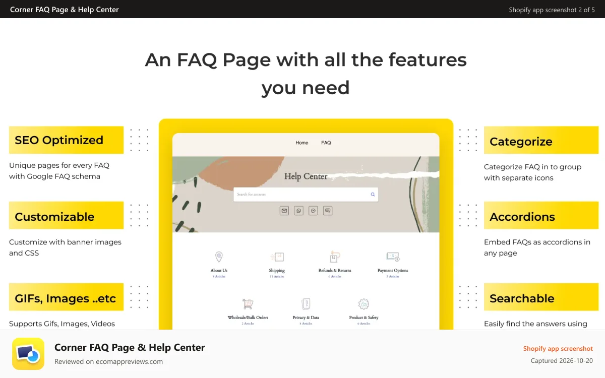Corner FAQ Page & Help Center Shopify app screenshot: Professional FAQ page in help center or accordion style