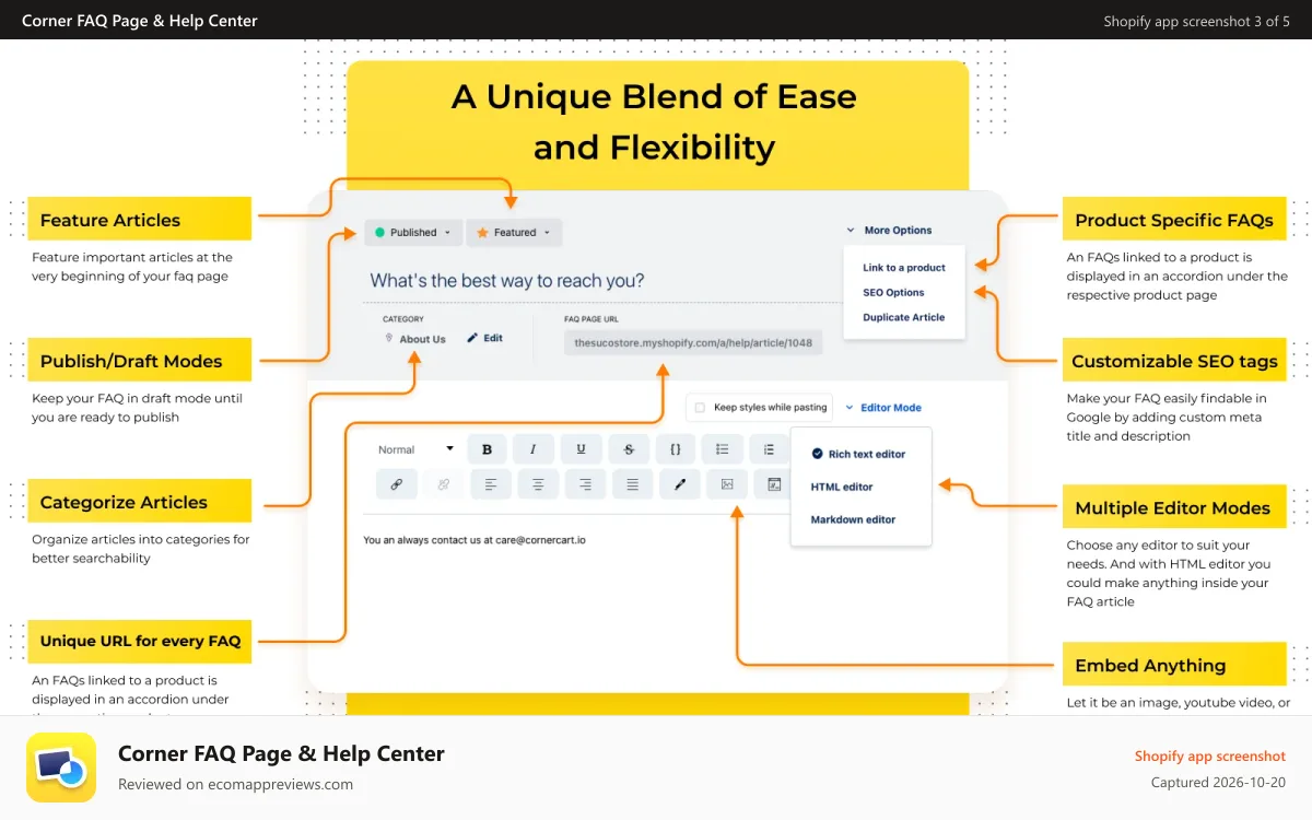 Corner FAQ Page & Help Center Shopify app screenshot: FAQ / HelpCenter with a feature rich article editor for FAQs