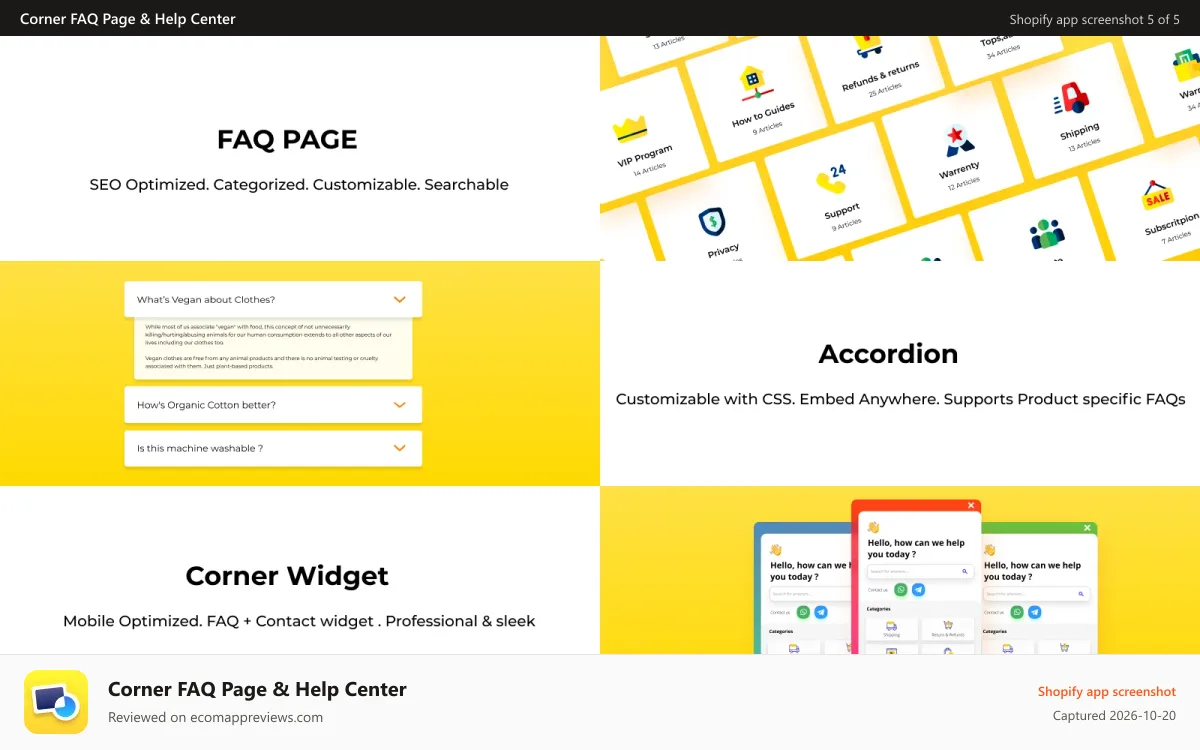 Corner FAQ Page & Help Center Shopify app screenshot: Categorize your FAQ & Help Center Articles, embed FAQ accordions