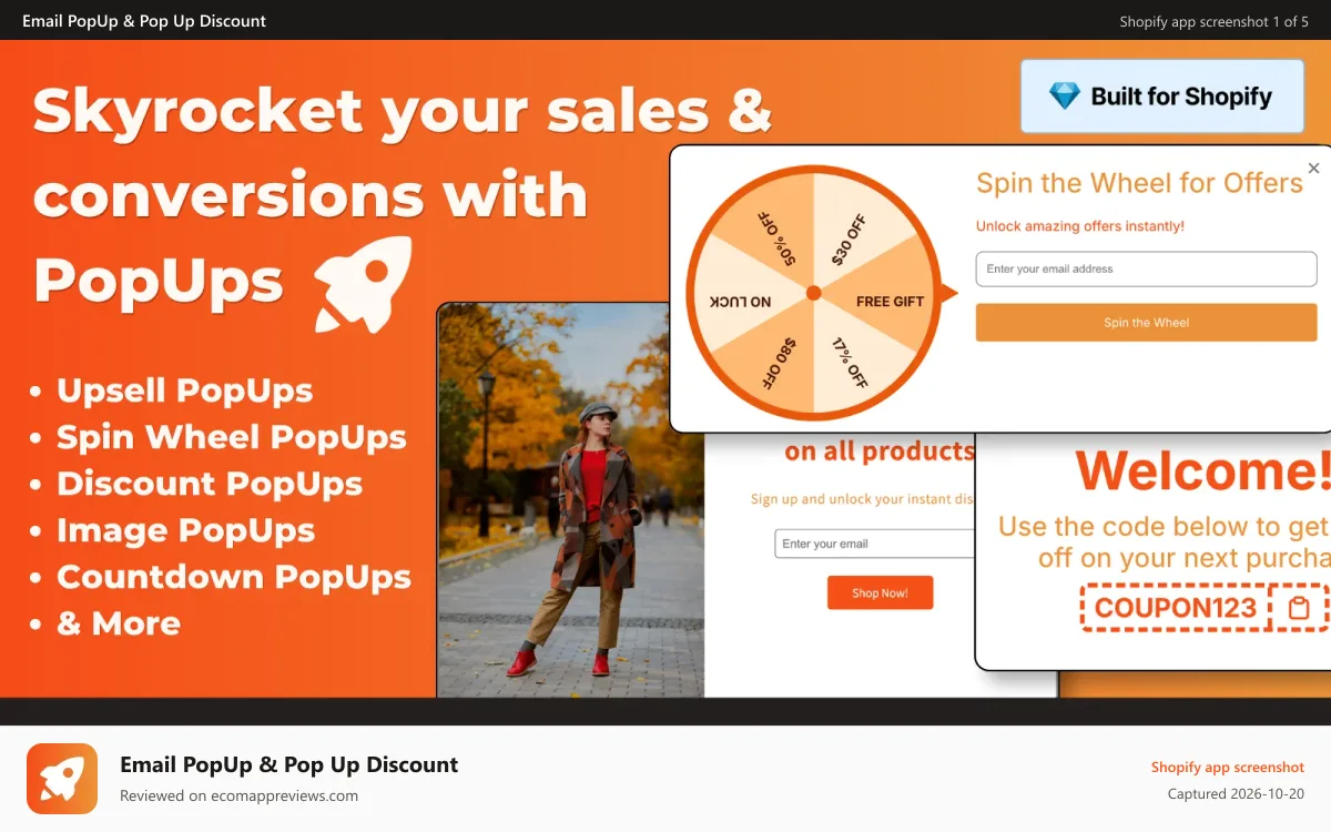 Email PopUp & Pop Up Discount Shopify app screenshot: Boost sales with upsell popups and discount popups for shopify.