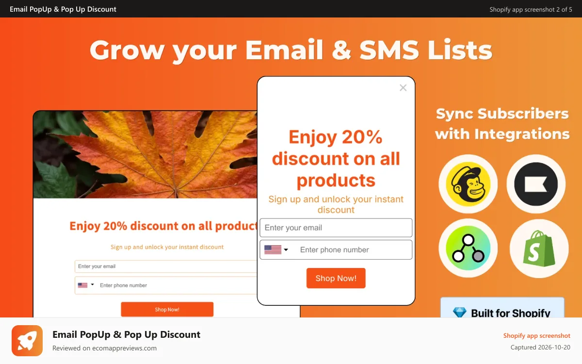 Email PopUp & Pop Up Discount Shopify app screenshot: Collect Email & Phone/SMS to grow your subscribers and customers