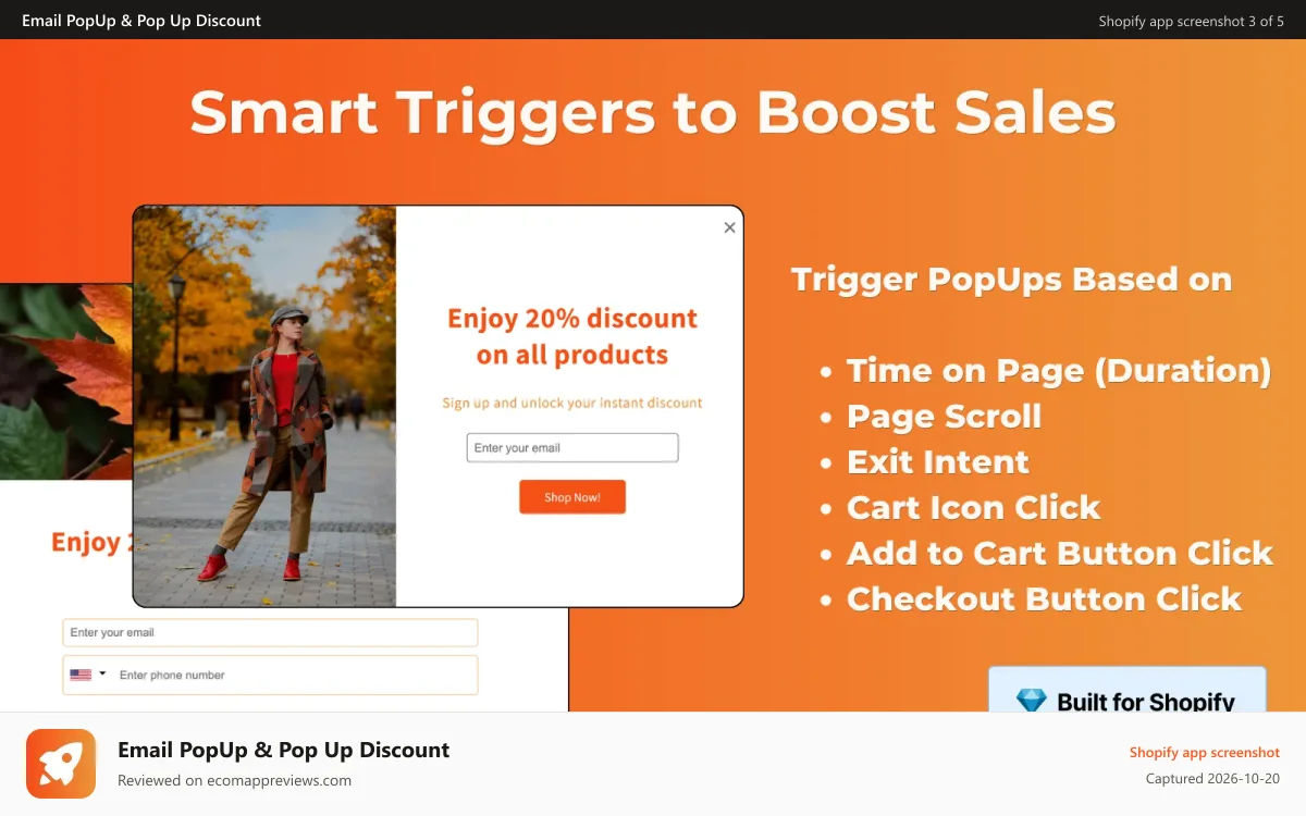 Email PopUp & Pop Up Discount Shopify app screenshot: Trigger PopUps at the right time with smart triggers.