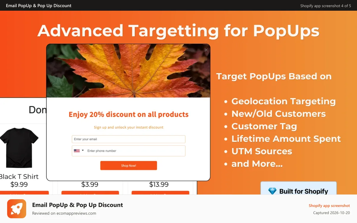 Email PopUp & Pop Up Discount Shopify app screenshot: Show PopUps to target customers with advance targetting.