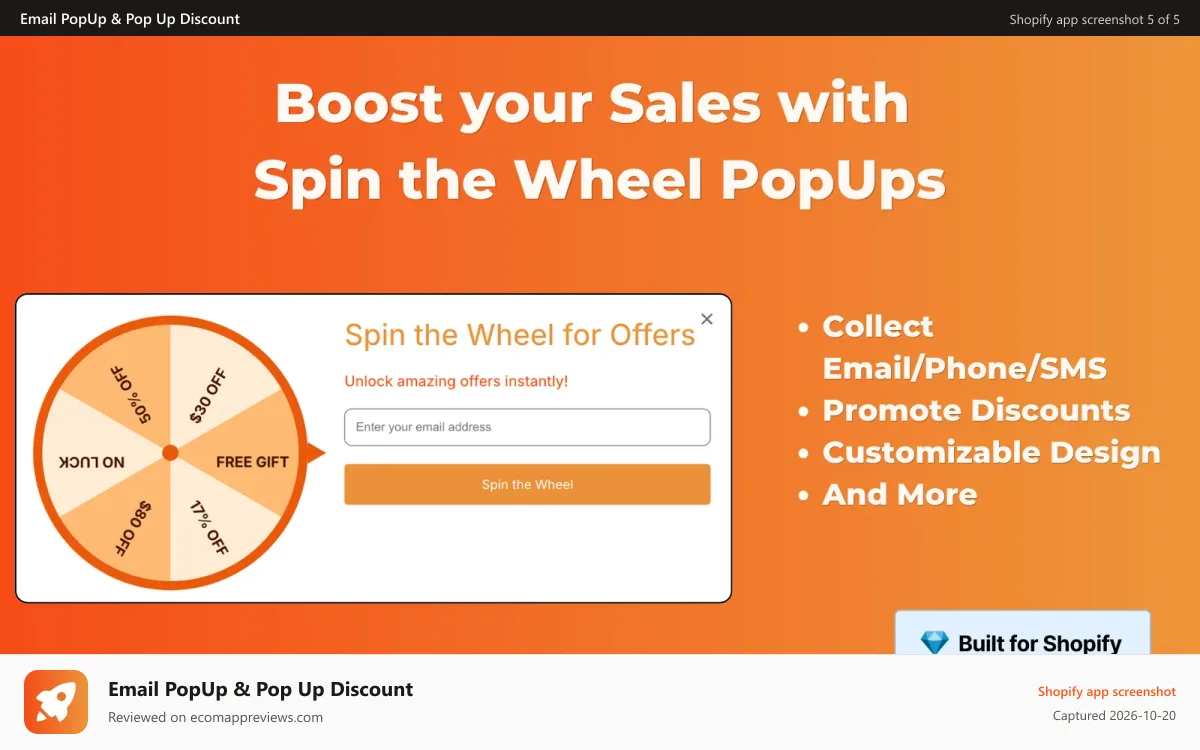 Email PopUp & Pop Up Discount Shopify app screenshot: Boost Sales with Spin the wheel (Spin Wheel) PopUps