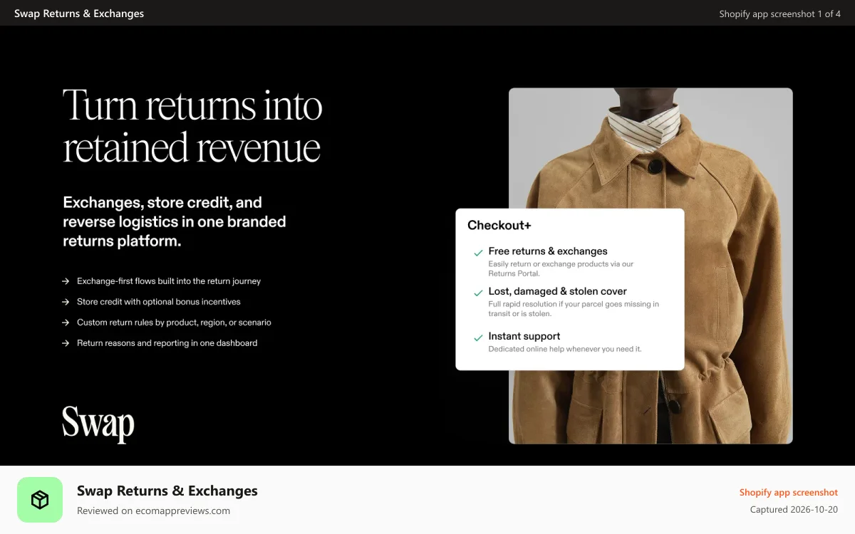 Swap Returns & Exchanges Shopify app screenshot: Swap Returns and Exchanges