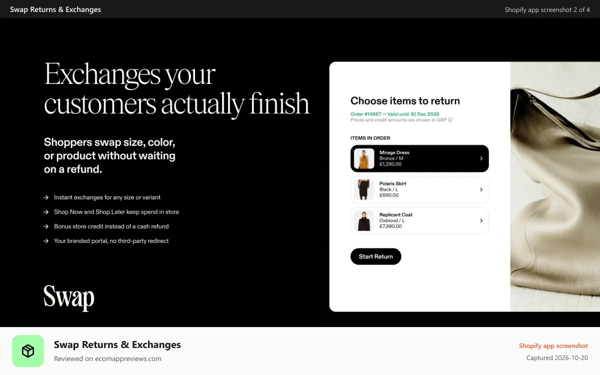 Swap Returns & Exchanges Shopify app screenshot: Shopper choosing items to return in the Swap portal