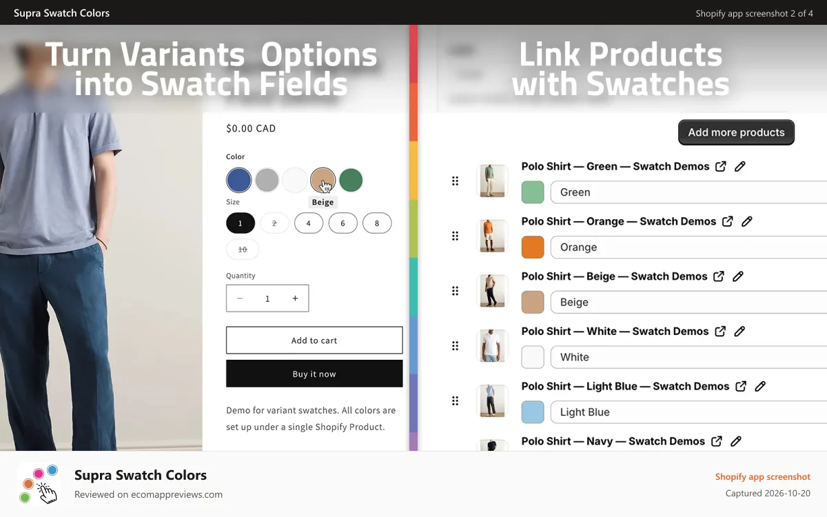 Supra Swatch Colors Shopify app screenshot: Link Products Pages with Swatch Buttons in Shopify