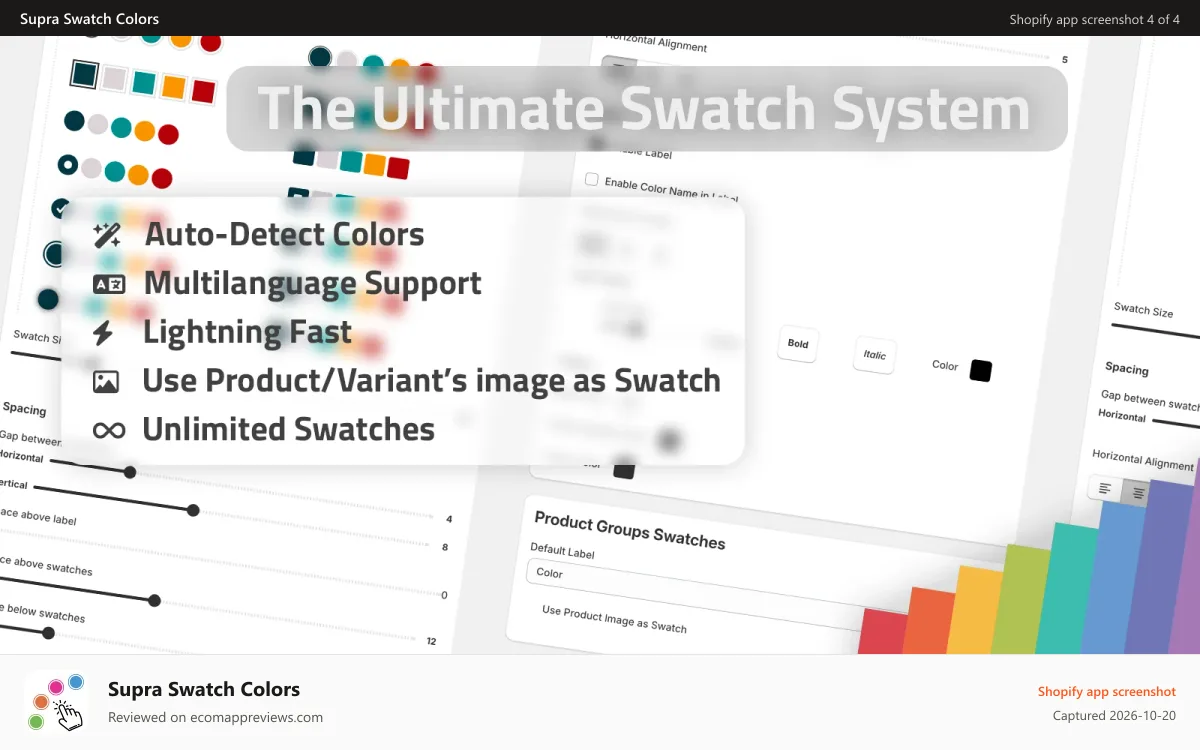 Supra Swatch Colors Shopify app screenshot: Ultimate Swatch App for Shopify