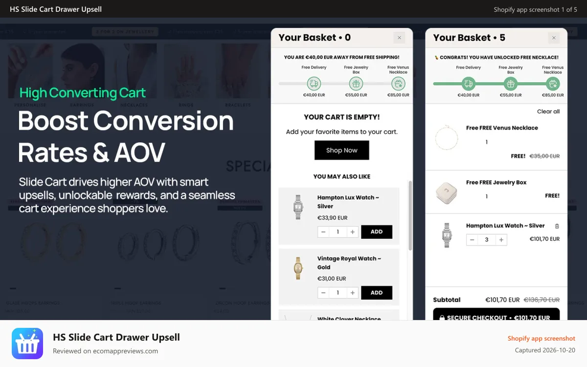 HS Slide Cart Drawer Upsell Shopify app screenshot: Increase AOV with smart cart upsells