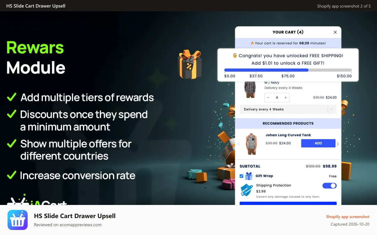 HS Slide Cart Drawer Upsell Shopify app screenshot: Unlock free gifts automatically