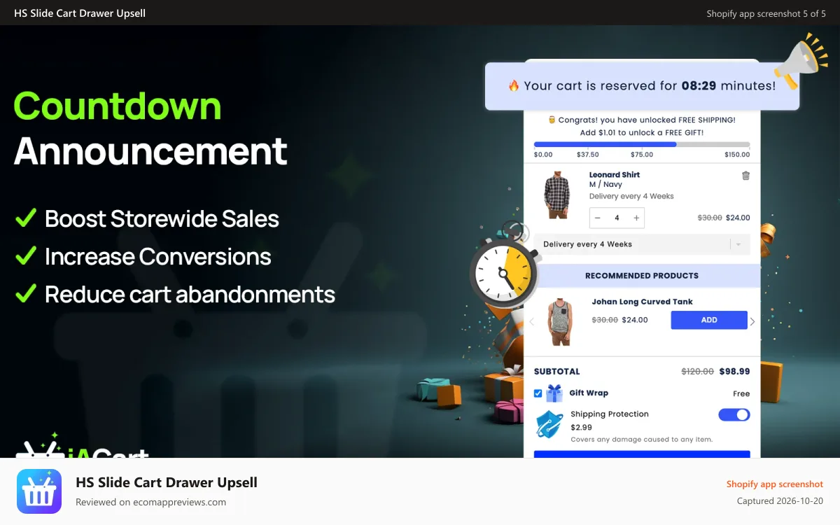 HS Slide Cart Drawer Upsell Shopify app screenshot: Create BOGO offers inside the cart drawer