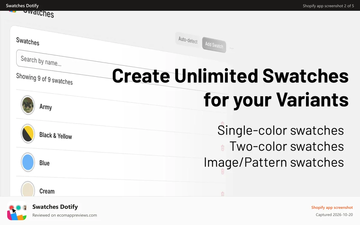 Swatches Dotify Shopify app screenshot: Create unlimited swatches: Supports Color and Image Swatches