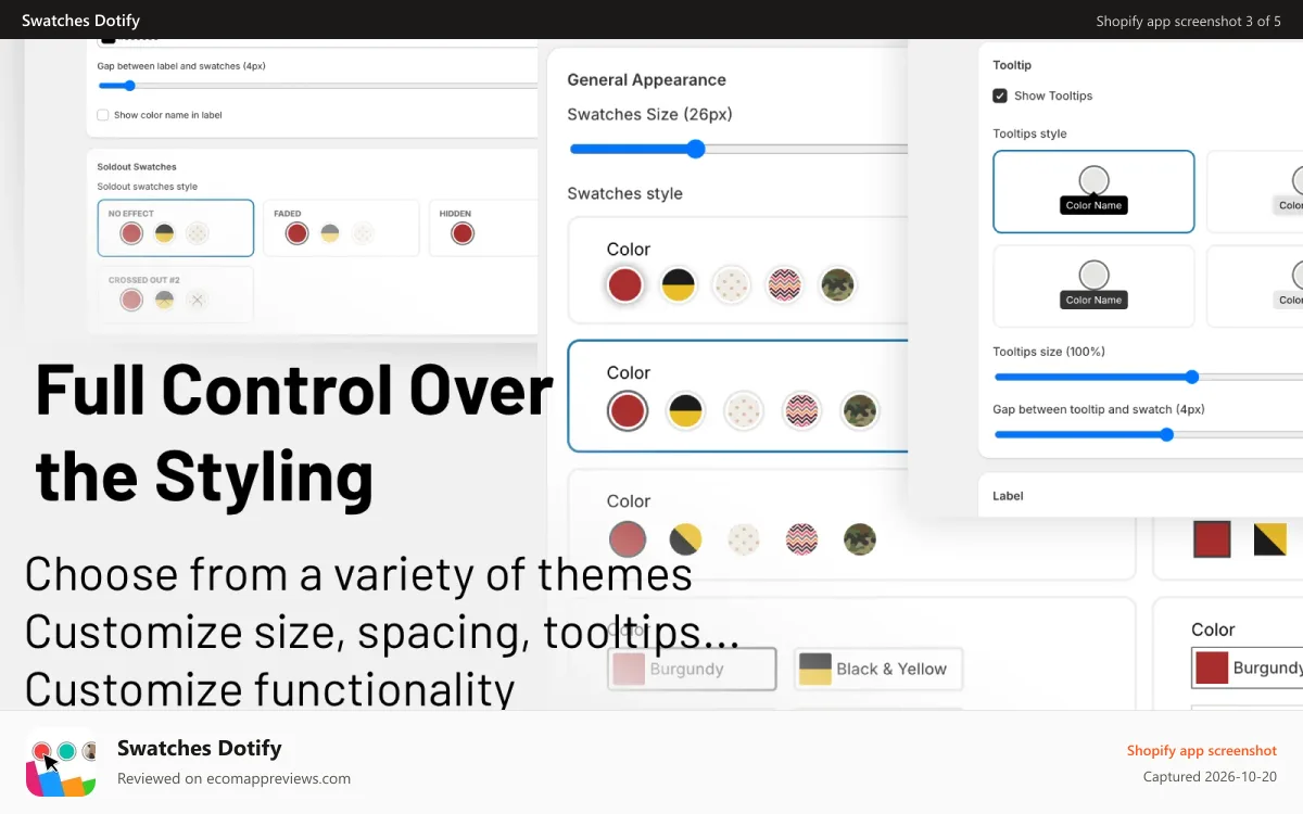 Swatches Dotify Shopify app screenshot: Full control over the styling of your customizable Swatches