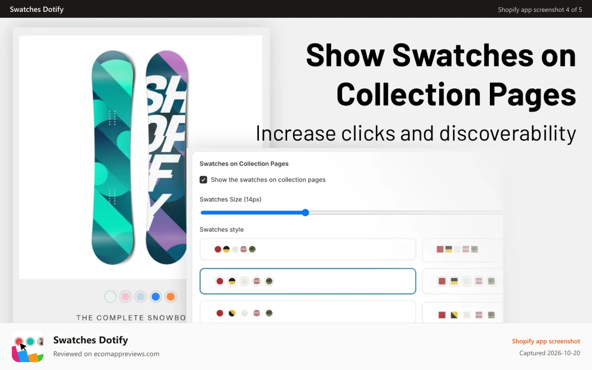 Swatches Dotify Shopify app screenshot: Supports placing swatches in your collection pages' grid items