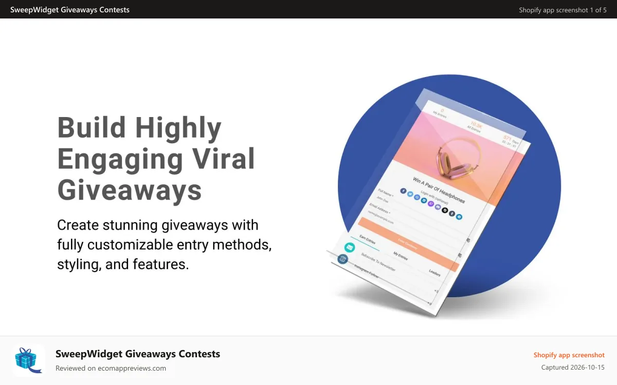 SweepWidget Giveaways Contests Shopify app screenshot: SweepWidget Shopify App