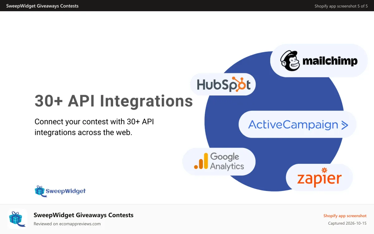 SweepWidget Giveaways Contests Shopify app screenshot: SweepWidget API Integrations