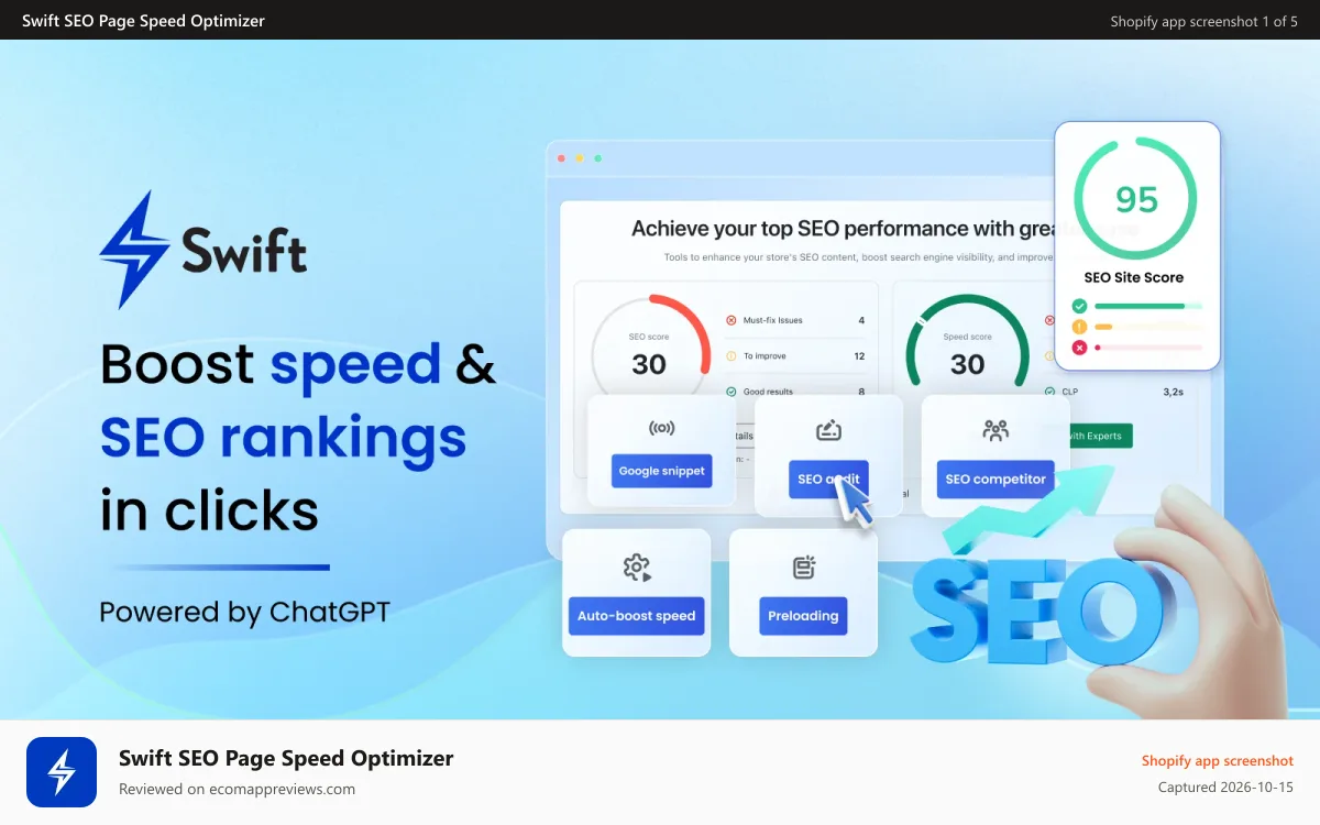Swift SEO Page Speed Optimizer Shopify app screenshot: Swift - SEO & Page Speed Optimizer