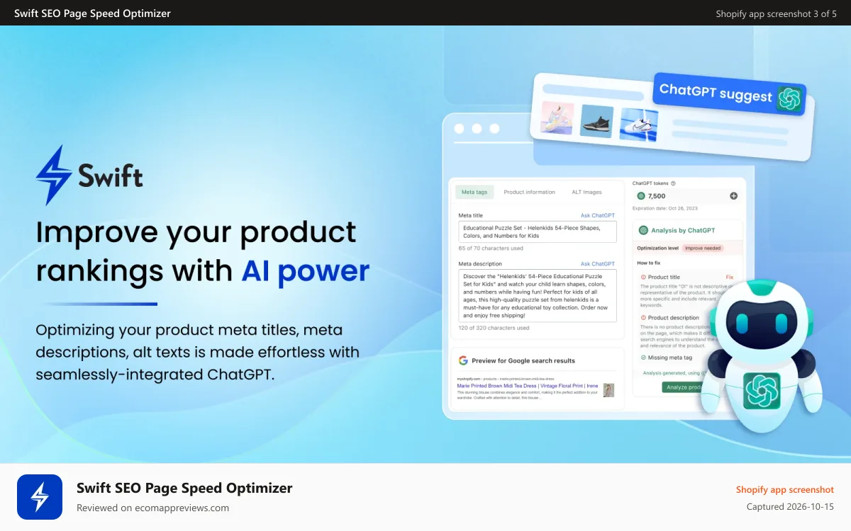 Swift SEO Page Speed Optimizer Shopify app screenshot: Improve your product speed & SEO rankings with AI power