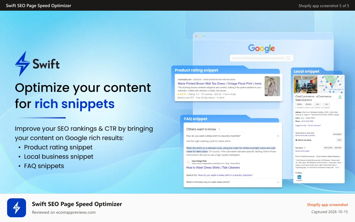 Swift SEO Page Speed Optimizer Shopify app screenshot: Optimize your SEO content for rich snippets