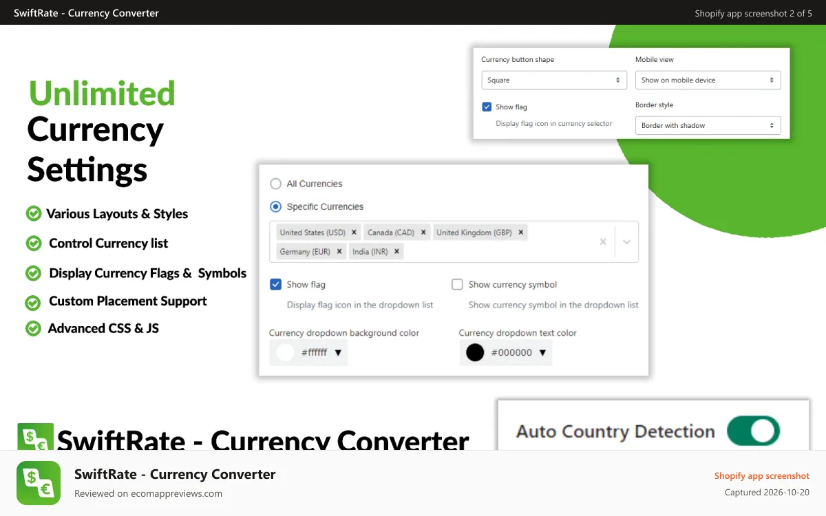 SwiftRate ‑ Currency Converter Shopify app screenshot: Currency converter unlimited settings