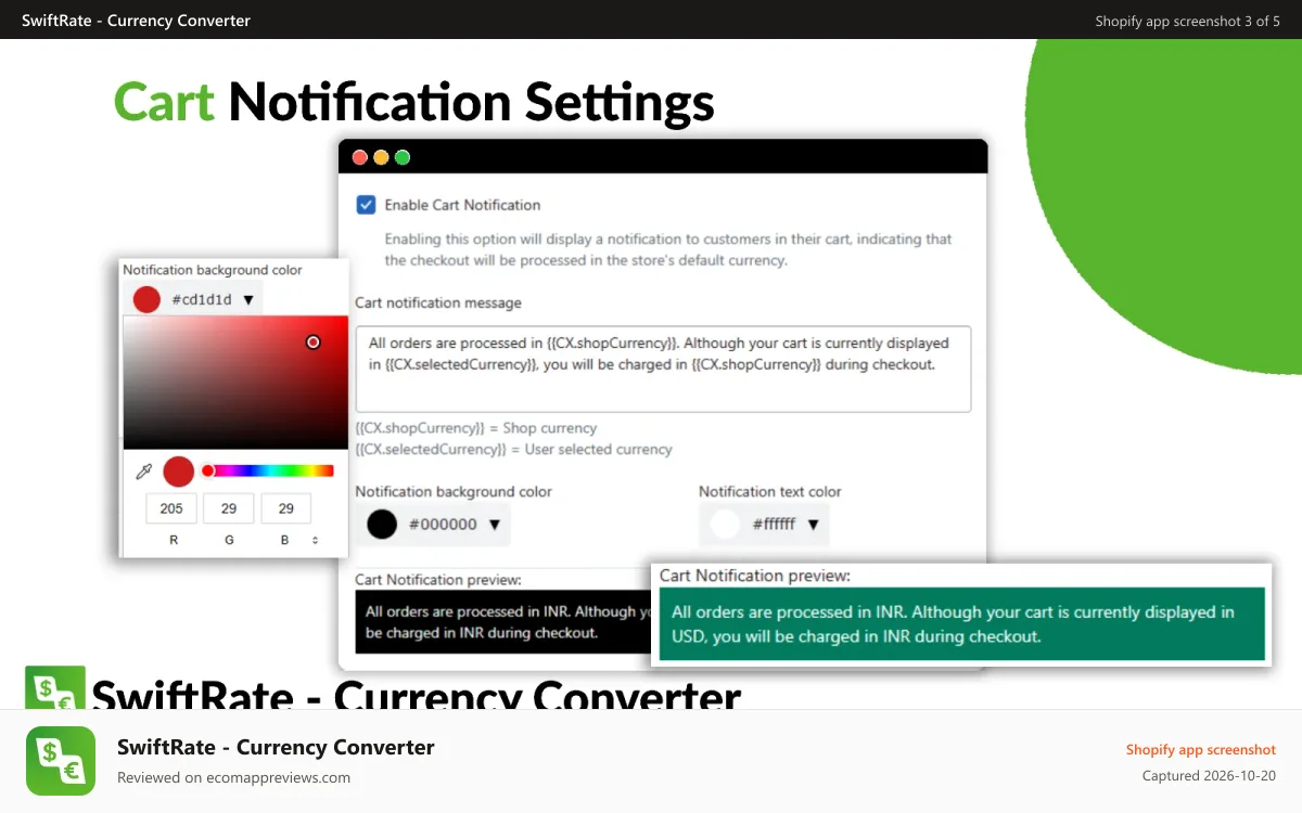 SwiftRate ‑ Currency Converter Shopify app screenshot: Currency converter cart notification
