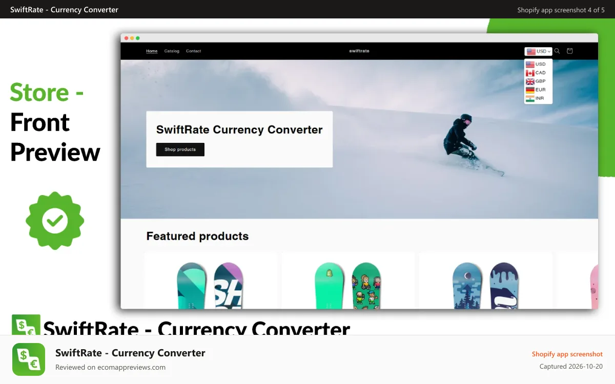 SwiftRate ‑ Currency Converter Shopify app screenshot: Currency converter storefront view