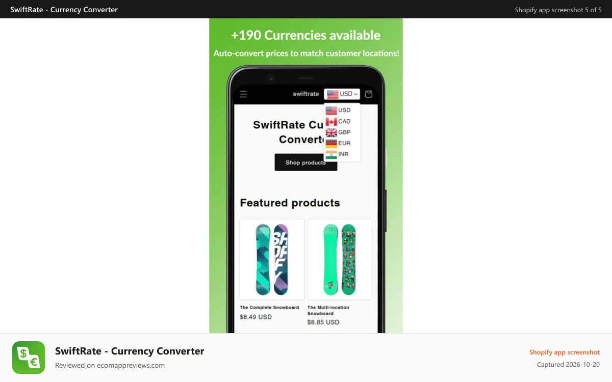 SwiftRate ‑ Currency Converter Shopify app screenshot: Currency converter mobile responsive